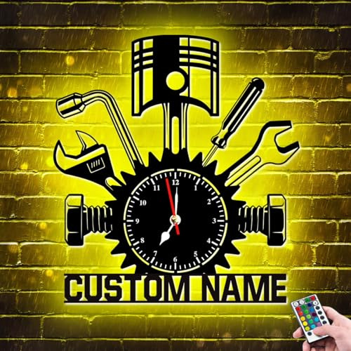 Personalized Repair Shop Wall Clock Neon Sign Art, Custom Metal Name Light Up LED Repair Shop Wall Clock Silent Quartz Non Ticking, Garage Repairman Gift for Vintage Room Decoration (Style 4)