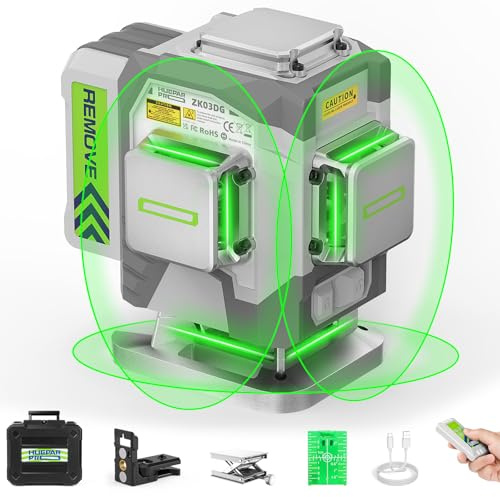 Huepar Pro Self-Leveling 3 x 360° Green Laser Level Tool for Construction - High Accuracy, 8000mAh Rechargeable Li-ion Battery, Remote Controller & Hard Carry Case