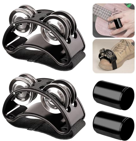 Rigych 2 Set Foot Tambourine Shaker & Black Rhythm Finger Shaker with Elastic Strap, Percussion Musical Instrument Set for Ukulele Guitar Drum Mandolin Banjo Playing