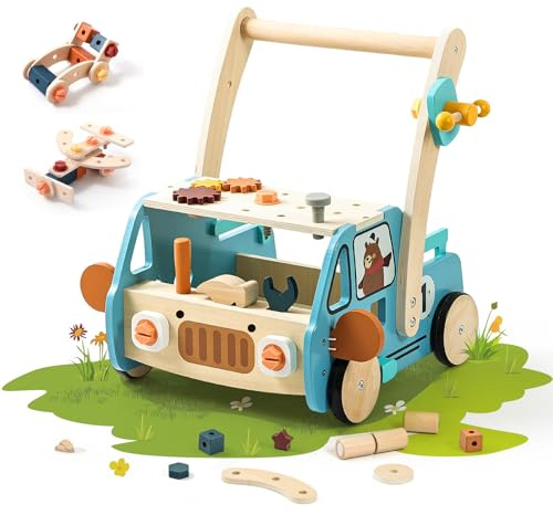 OESSUF 2-in-1 Wooden Baby Walker with 40 PCS Tool Toys – Baby Push Walker for 6-12 Months, Activity Center for Toddlers Aged 1-3 Years, Montessori Toy for Boys and Girls (Blue)