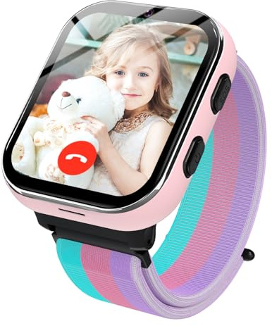 PTHTECHUS Smartwatch Kinder GPS, Kinderuhr Telefon mit 4G Anruffunktion, Videoanruf, WLAN, Kamera, SOS, Chat für Jungen Mädchen (Rosa)