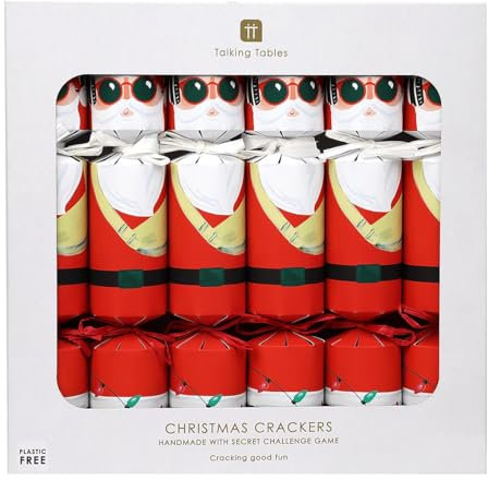 Talking Tables 6 x Christmas Crackers with Mystery Challenge Game, Party Hat, Fun Guy Santa Red Christmas Design Eco-Friendly Xmas Tableware, Recyclable
