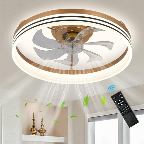 20 Ceiling Fans with Lights and Remote, Gold Modern Low Profile Ceiling Fan Bedroom Dimmable Chandelier Fan LED Bladeless Fandelier for Living Room Kitchen