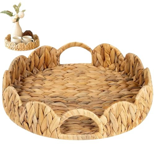 Panier festonné, tissé en jacinthe d'eau Plateau de panier, plateau rond en rotin de 30,5 cm avec poignée, plateau de service en rotin pour table à manger, coiffeuse, chambre à coucher, cuisine,