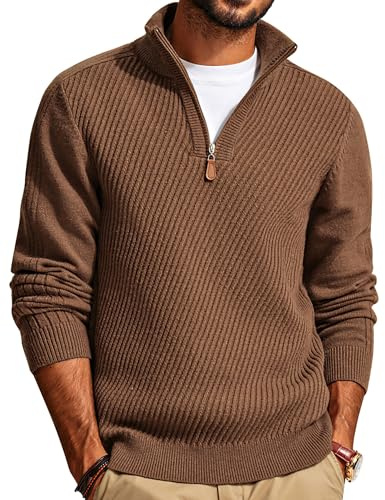 PJ PAUL JONES Pullover Für Herren 1/4 Zip Troyer Strickpullover Warm Winter Arbeitspullover mit Stehkragen Pulli Sweatshirt, Braun, L
