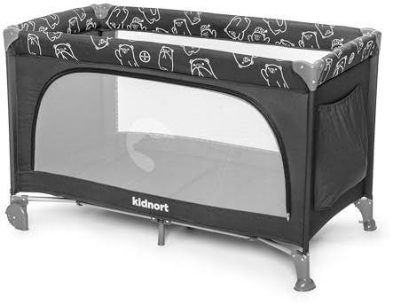 kidnort Ihalig Reisebett Babybett faltbar mit Matratze Seiteneingang und Rollen mit Bremsen Kinderreisebett klappbar mit Tragetasche Seitentasche platzsparend für Zuhause Reise Dunkelgrau