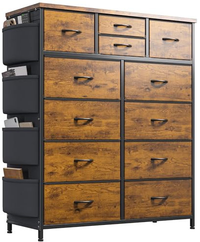 EnHomee Tall Chest of Drawers Bedroom -12 Fabric Drawers Dresser with 4 Side Pockets, 110 CM Chest of Draws with Wooden Top & Metal Frame, Large Storage Drawers for Living Room, Easy to Assemble