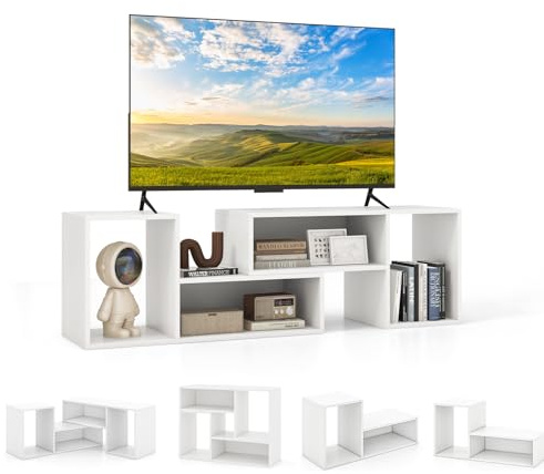 KOMFOTTEU Meuble TV, Combination Libre en 2 Pièces, Banc TV en Bois, pour Télévision Jusqu’à 60 Pouces, Table TV Créative, idéal pour Salon Chambre et Bureau, 110-157 x 30 x 40 cm (Blanc)