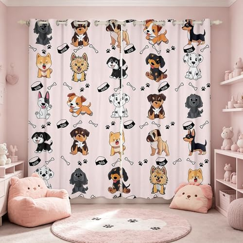 Homemissing Hundevorhänge, Cartoon-Hund, Fenstervorhang, Welpe, Hund, blickdichte Vorhänge, niedlicher Tierdruck, Kawaii-Knochen, Fenstervorhang für Jungen und Mädchen, Kindervorhänge, Rosa