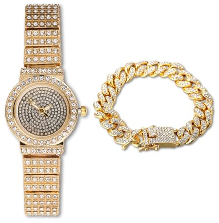 HALUKAKAH Kvinnors diamant armbandsur, äkta 18K guldpläterad/platina, full stjärnglittrande diamanter, rund urtavla, elegant avslappnad, kvartsur för dam rostfritt armband, gåva till henne, Guldklocka