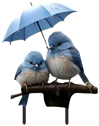 Birds Garden Stakes - Personalisierte Gartenschilder | Blaue Vögel Gartenwette mit Regenschirm | Flache Pflanze Sticks 2D Bodendekoration für den Außenbereich
