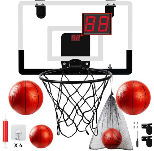 wulwun Mini Basketballkorb Indoor für Kinder, Basketball Korb Set mit 4 Bällen, Elektronischem Zähler, Soundeffekten, Über Tür & Wand Montierbar Basketballkorb, Outdoor-Spielzeug Jungen Mädchen 3+