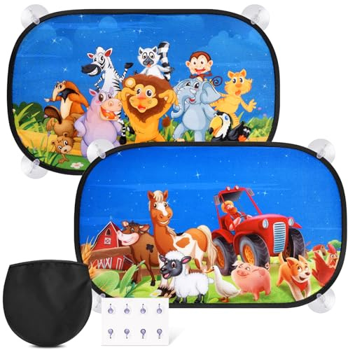 2 unidades de protección solar para coche con protección UV, 51 x 31 cm, protección solar infantil, 8 ventosas, bonitos patrones de animales y tema de granja