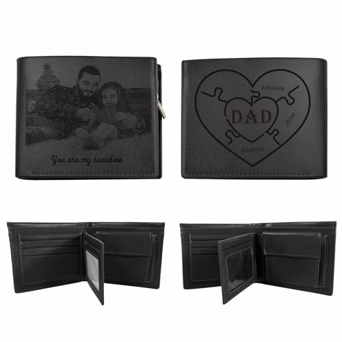 KOLOWKO Personalisierte Herren Geldbörse mit Foto + Gravur - Dreifach Leder Portemonnaie als Geschenk zum Vatertag für Papa, Ehemann, Freund