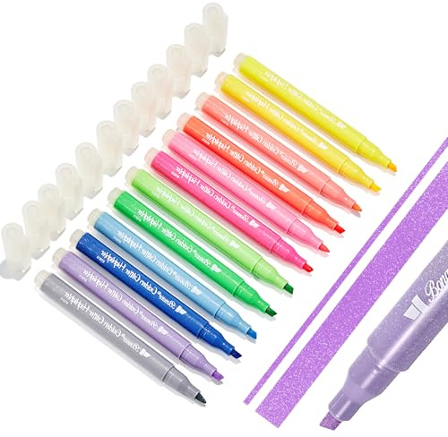 BONACE Guldglittermarkeringspennor – mejselspets, ingen blödning, blandade färger – 12-pack metalliska färger, söta markörer, glitterpennor, bibelmarkeringspennor för journalföring och skolmaterial