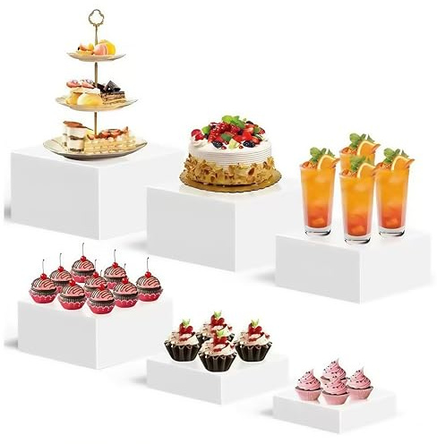 6Pcs Buffet Risers, Acrylic Cupcake & Dessert Display Stand Set, White Food Risers with Hollow Bottoms for Buffet Table, Cube Boxes Display Stands for Party, Wedding, and Event Decor