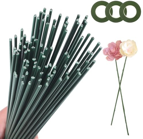 100 Pfeifenputzer zum Basteln, Blumendraht Grün, 2mm X 30cm Blumenstamm Steckdraht mit 3 Floristenband, Draht zum Basteln, für Selbstgemachte Kränze, Sträuße Oder Andere Bastelarbeiten