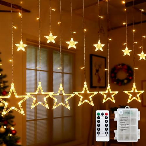 LED Lichterkette Lichtervorhang 2.5M 12 Sternen 138 LEDs Weihnachtsdeko Sternenvorhang Batterie, Timer, Fernbedienung 8 Modi Für Innen Außen, Weihnachten Party, Garten, Balkon, Fenster Warmweiß