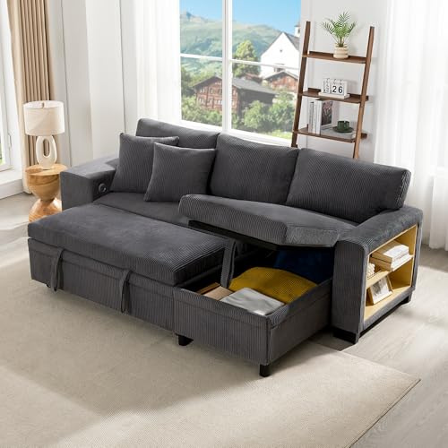 Merax Sofa Ecksofa mit Schlaffunktion, Praktisches Schlafsofa mit Bettkasten und USB-Steckdose, Schlafcouch mit Stauraum, Seitenablagen, Modernes L-förmiges Couch für Wohnzimmer, Schlafzimmer, Grau