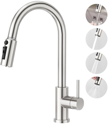 CREA 3 Wege Küchenarmatur mit Brause, Einhand Trinkwasserhahn | 360° Drehbar Drei Wege Wasserhahn Küche Ausziehbar, Mischbatterie, 3 in 1 Spültischarmatur,Armatur Küche, Edelstahl Gebürstet