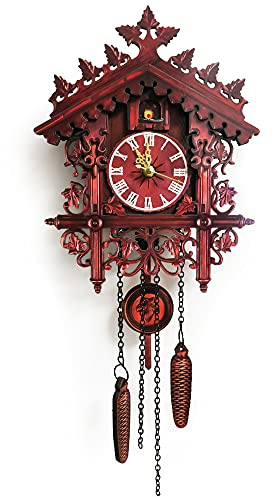 Reloj de pared vintage antiguo reloj de pared reloj de cuco reloj de pared con decoración de péndulo de madera, para estudios, oficinas, dormitorios, decoración de salón, rojo, 19 x 25 x 5,5 cm