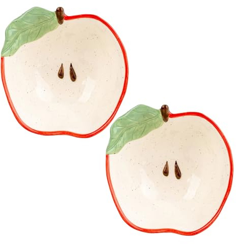 Carousel Home Set of 2 Apple Shaped Dishes | Red Ceramic Apple Bowls with Leaf Detail | Decorative Fruit Snack Bowls for Serving Nibbles - 13cm
