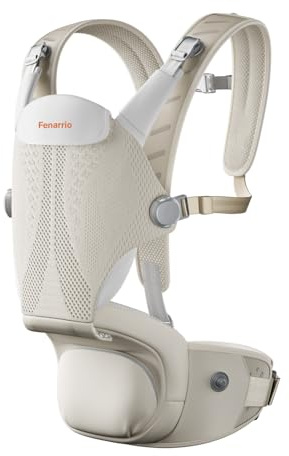 Fenarrio Ergonomische Babytrage mit Hüftsitz, 4D-Gitterpolsterung, Modulares 2-teiliges Tragesystem, Front-Magnetverschluss, Atmungsaktiv, Für verschiedene Tragepositionen Beige