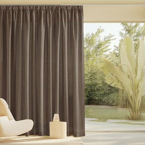 PONY DANCE Gardiner med linneutseende för vardagsrum, rustika halvtransparenta veckade gardinmarkiser för sovrum/matsal/rumsavdelare, 300 B x 245 H cm (1 paneler), brun