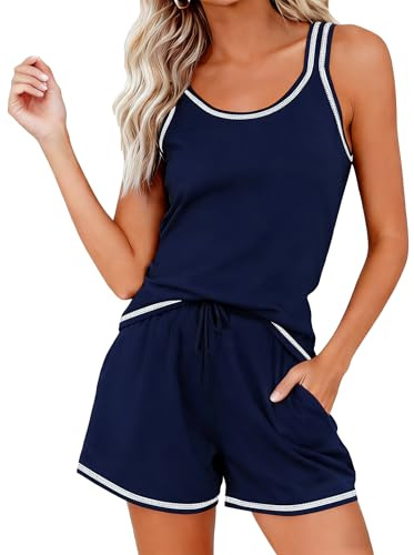 TeJoyce pyjamasshorts för kvinnor, sommar, ärmlös, linne och shorts, mjuk bomull, pyjamasset, linne, myskläder nattkläder med dragsko, marinblå, M