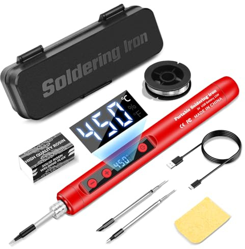 Voktta Kit de fer à souder, Fer à souder sans fil avec batterie et LCD, Température réglable de 180 à 450 °C, 3 embouts de soudure, pour réparation de cartes de circuits imprimés, réparations de