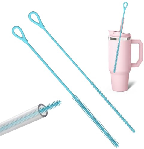 2Pack Blue Silicone Straw Cleaner Brush,Reusable Straw Brush (6mm+9mm) | 6mm+9mm Reusable Straw Brush for Cups, Water Bottles and Tumblers, Flexible Pipe Cleaners with Hanging Loop, Blue