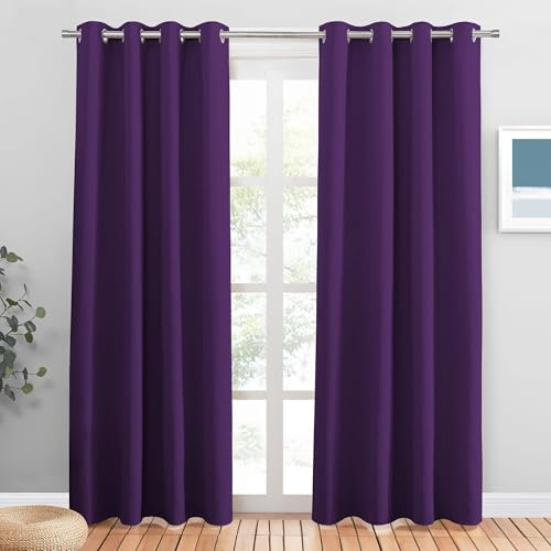 PONY DANCE Purple Blackout Curtains - Thermal Rings Top Light Blocking Curtain Panels for Bedroom/Living Room Sliding Glass Door, 2 PCs, 46 Inch W by 90 Inch D, Purple