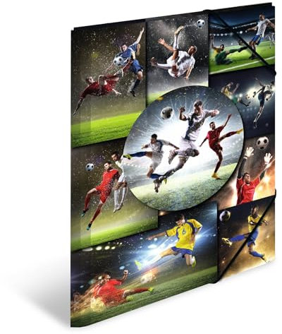 HERMA Sammelmappe A3 Fussball, Kinder Eckspanner-Mappe aus Kunststoff mit Sport Motiv, Gummizug, Innenklappen und Innendruck für Jungen und Mädchen
