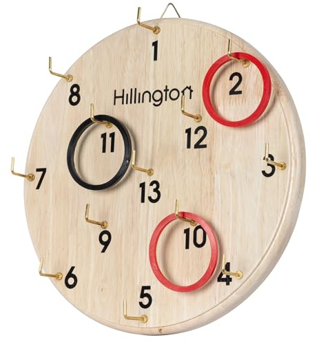 Hillington Hook Ring Toss Game - Safe Alternative To Darts - Hang the Wooden Board and Play - 30cm Wooden Board and Hanger, 6 Red Rings, 6 Black Rings, 13 Brass Hooks