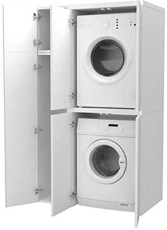 VE.CA.s.r.l. Armario Alto + Compartimento para Accesorios con Puertas para Lavadora/Secadora de Madera, Personalizado, lavadero, baño (Ceniza Blanca)