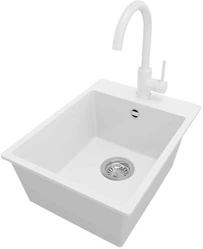 PRIMAGRAN Fregadero Granito al Mueble 40cm + Grifo, 38x50cm | Set: Grifo BW5010 + Kit de desagüe (sifón, válvula, rebosadero) + Riga 1 Seno para Cocina, Blanco