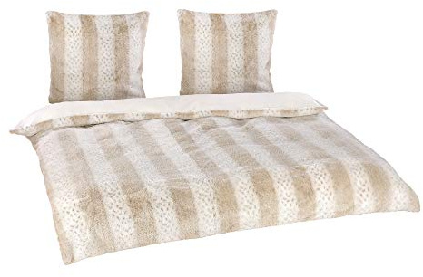 BaSaTex Bettwäsche Set, 3-TLG., 200x200 cm + 2X 80x80 cm, Weiß Beige Grau | Winter-Plüsch, Flausch Bett Garnitur Set, Schnee Leopard, Chinchilla Fellimitat