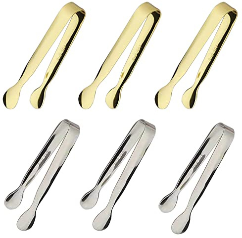 6PCS Ice Tongs Mini Sugar Tongs 4.25Inch Tong for Serving Food Small Serving Tong, Kitchen Tong for Appetizers,Tea Party, Coffee Bar, Desserts by Sunenlyst (Silver and Gold)