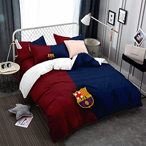 Ensemble De Literie équipe De Football FC Barcelone Housse De Couette Confortable Garçon Fille 3 Pièces Blanc Noir Ensemble De Literie 50x75cm Taie D'oreiller En Microfibre (A,200x200cm(1.5M/1.8MBed))
