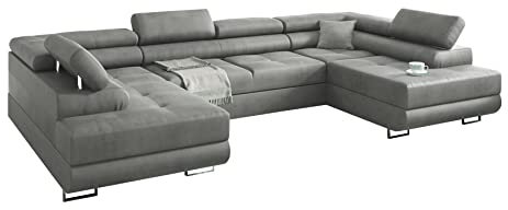 Ecksofa MIAMI U eckcouch mit schlaffunktion und bettkasten, U Form Couch, Eckcouch mit schlaffunktion, Ecksofa mit Bettkasten, wohnlandschaft xxl, 338 x 203 cm (Hochwertiger Stoff) (Grau)