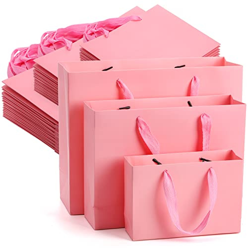 Lyellfe 30 Pack Pink Gift Bags, Kraft Paper Bags with Handle Bulk, Heavy Duty Kraft Shopping Bags, Assoorted Recycled Merchandise Bag, Retail Bags for Birthday, Wedding, Graduation, S, M, L