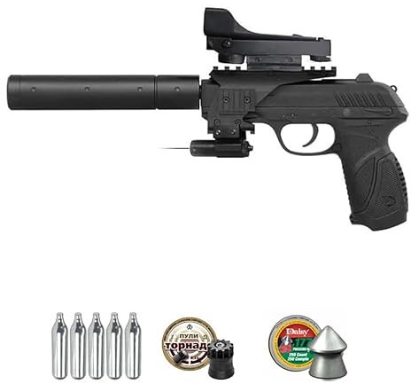 Pistola Gamo PT-85 socom blowback Tactical | Arma de Aire comprimido (CO2) y balines (perdigones) Calibre 4,5mm + Accesorios ópticos y consumibles