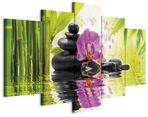 B&D XXL - Leinwandbild Orchidee Bambus Steine, 150x75 cm, 5-teilig, modern | Hochwertige Leinwand, sofort aufhängbar, ideal fürs Wohn- oder Schlafzimmer, wasserfest und lichtecht, langlebig, stilvoll