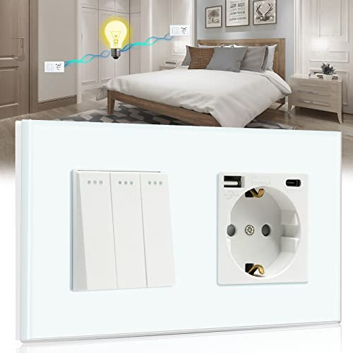BSEED Interruttore della luce con presa a 3 Gang 2 vie, interruttore da parete con presa Schuko 16 A con USB (max. 2,1 A), porta di tipo C, bianco, interruttore fisico da incasso con presa, 157 mm