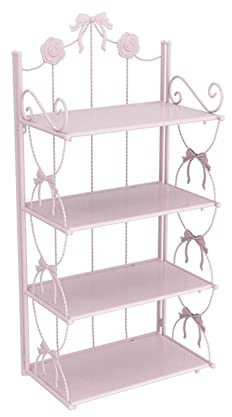 BOOMALTU Cute 4-Tier Folding Metal Shelving Bathroom Shelf,Pink Shelves Pink Bookshelf with Bow and Flowers Decor for Storage and Display in Living Room, Bathroom, Office, Kitchen