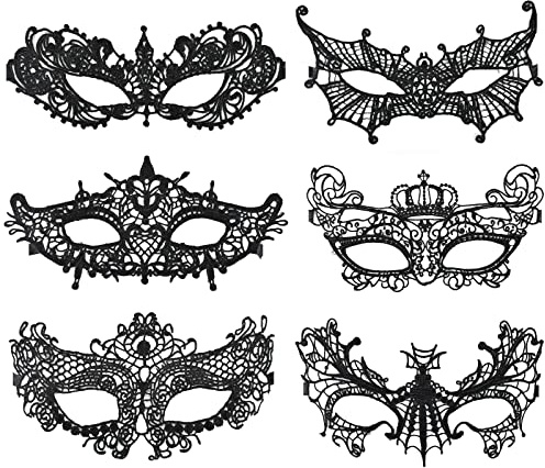 Spitze Maske Sexy Lace Augenmaske 6 Stück Venezianische Maske Damen Lace Maske Schwarz Augenmaske für Fasching Maskerade Masquerade Halloween Karneval Cosplay Party Kostüm Ball Gothic Gesichtsmaske
