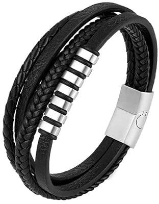 PiercingJak Herren Armband Breit Lederarmband Mann Armreif Schwarz geflochten Echtleder Wickel Edelstahl Perlen Charm Schmuck Geburtstag Geschenk für Männer Biker Vater Bruder, 22cm | Schwarz geflochten Echtleder mit Edelstahl Perlen Magnetverschluss, Geburtstag Geschenk für Mann Biker Vater Bruder, 22cm