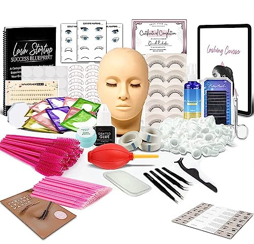 Wimpernverlängerung set, TwoWin Professionelles Eyelash Extension Kit, Komplettes Trainingsset mit Mannequin-Kopf, Übungskleber und falschen Wimpern für Anfängertraining Makeup und Wimpernverlängerung