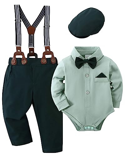 Amissz Baby Jungen Gentleman Anzug, 0-18 Monate 4tlg Kinder Hochzeit Festlich Taufe Strampler mit Bowtie Hemden + Hosenträger Overalls