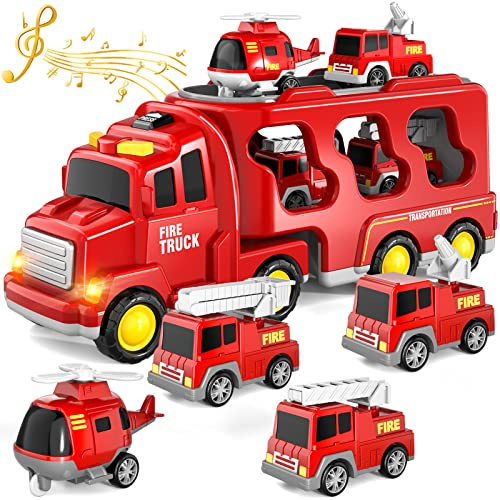 Jouets de Camion de Pompiers pour 1 2 3 4 5 6 Ans garçons Toddler, 5 en 1 Kids Carrier Toy Birthday, Auto Friction Power Toys with Light Sound